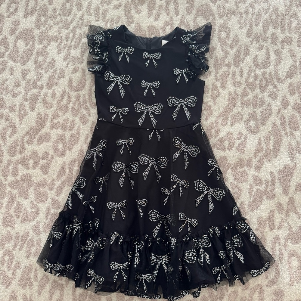 Girls Black Bow Print Party Dress -size 12